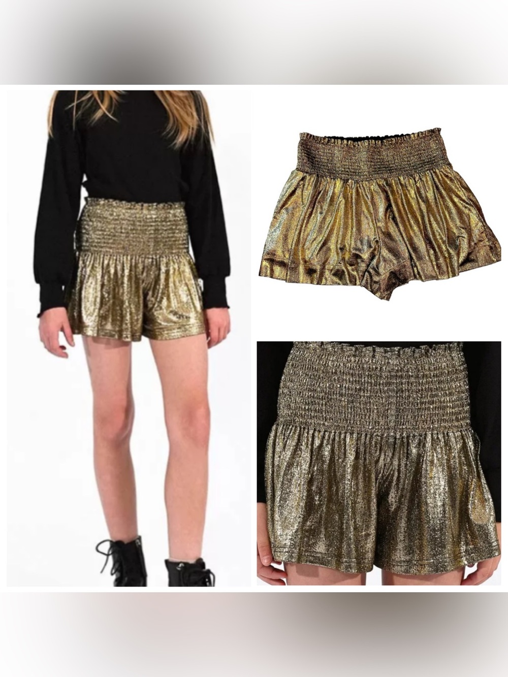 Pants Store Metallic Gold Fly Away Swing Shorts Smocked High Waist X-Small NWT